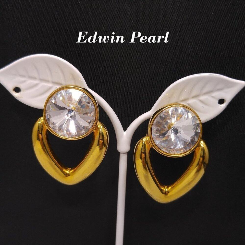 Vintage 1990 Edwin Pearl PEP Gold Tone Crystal Rivoli Earrings Statement Jewelry